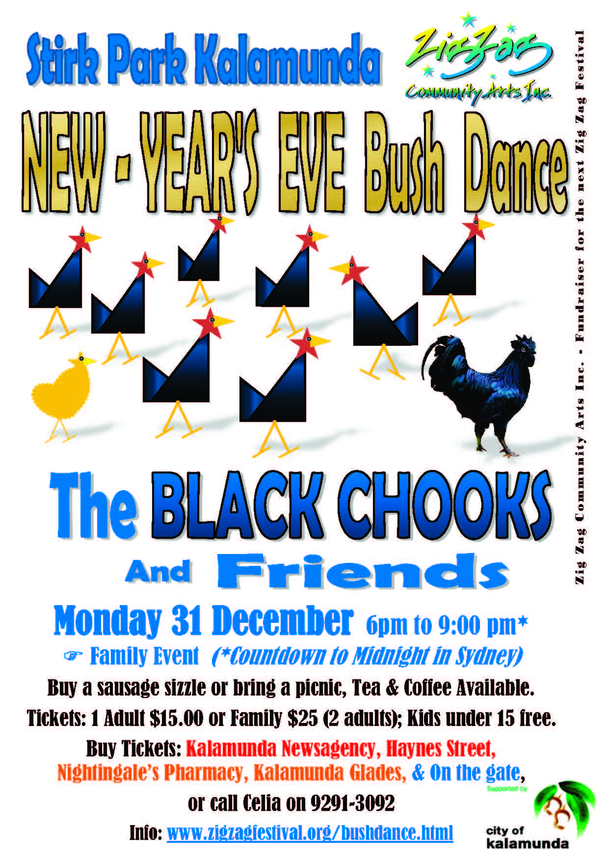 Poster for NYE Bush Dance in Stirk Park with the Black Chooks