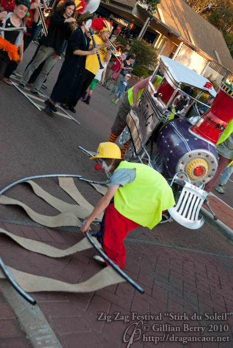 Circus Express 2010 Zig Zag Festival Parade Clowns laying crazy tracks for the train